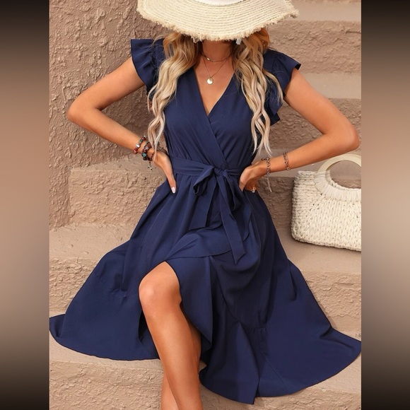 Solid Ruffle Trim Belted Flare Dress